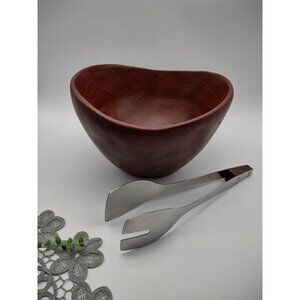 Vintage MCM Teak Wood Salad Serving Bowl, with Wood & Steel Tongs, READ